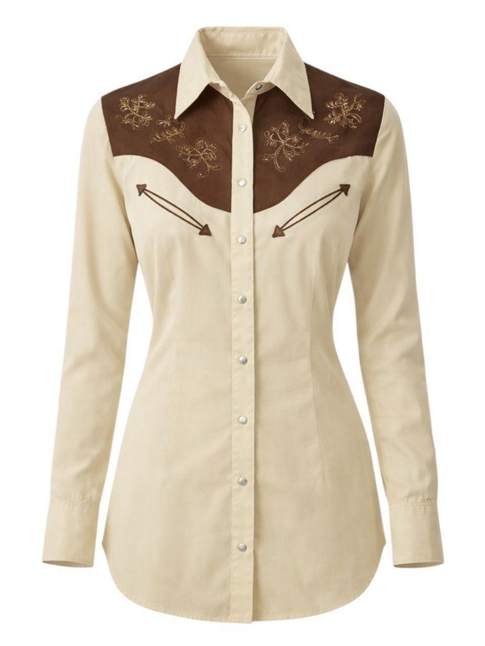 Vintage Western Shirt Embroidered Snap Button Cowgirl 70s L XL Beige